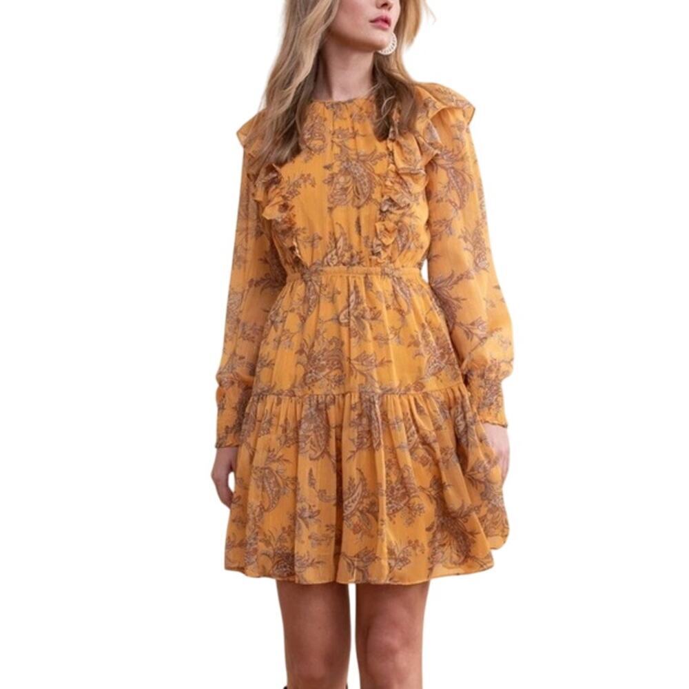 Rachel Parcell Paisley Yellow Long Sleeve Ruffle Chiffon Mini Dress Women Sz M